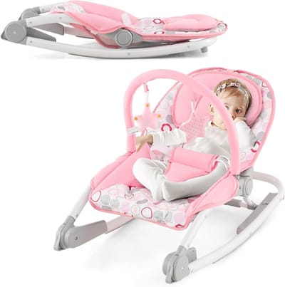COSTWAY 2-in-1 babywip, inklapbaar, draagbare babyschommel met 3-traps verstelbare rugleuning en afneembare speelboog, babywip met veiligheidsgordel, babywieg tot 9 kg belastbaar (roze)