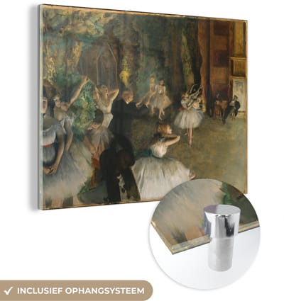 ® Glasschilderij 160x120 cm - Schilderij acrylglas - De repetitie van het ballet op het podium - Schilderij van Edgar Degas - Foto op glas - Muurdecoratie woonkamer - Wanddecoratie slaapkamer - Schilderijen