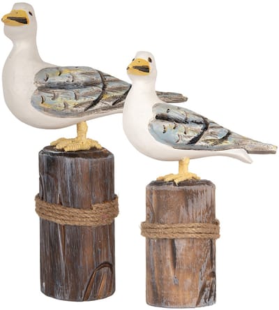 Clayre & Eef Decoratie Beeld Vogels 13x6x22 / 18x8x29 cm Bruin Wit Hout