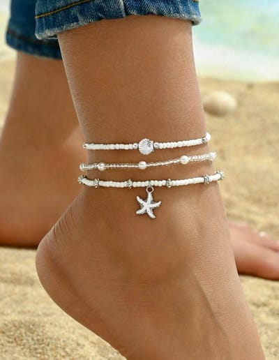 Enkelsieraad - enkelbandje - anklet bracelet - enkelbandje met kralen - minimalistisch enkelbandje - Coin anklet - Minimalistisch dubbel enkelbandje met imitatieparels - Dubbele enkelband met kralen - Dubbel enkelbandje met schelpen