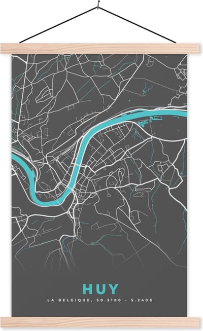 Posterhanger incl. Poster 40x60 cm - Schoolplaat - Plattegrond – Huy – Blauw – Stadskaart - Kaart - België - Textielposter - Blanke latten - Stadskaart