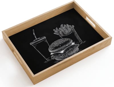 Dienblad hout 40x30 cm - Schootdienblad - Hamburger - Friet - Frisdrank - Krijttekening - Borrelplank rechthoek - Plateau dienbladen