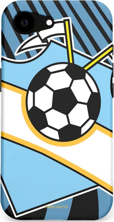 Casetastic hoesje geschikt voor Apple iPhone 16e / Apple iPhone 17e - MagSafe - Dubbellaagse bescherming - Kampioensbal - Fashion Case - Lichtblauw Zwart Wit