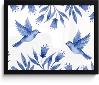 Poster in lijst - Fotolijst 40x30 cm - Posters - Modern - Vogels - Delfts - Blauw - Posterlijst zwart - Decoratie - Wanddecoratie woonkamer - Muurdecoratie slaapkamer