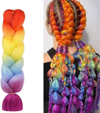 Ombre Haar Extensions voor Vlechten, Jumbo Synthetische Vlecht Haar, 3 Stuks Paars-Blauw-Geel-Oranje voor Vrouwen