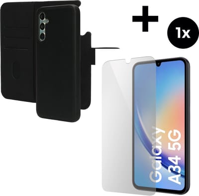Mobiparts Leather 2 in 1 Wallet Case hoesje geschikt voor Samsung Galaxy A34 (2023) 5G met 1 Screenprotector van Gehard Glas - Zwart