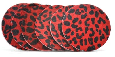 Timbelt - Onderzetters voor glazen - Leer - Panter print rood - Rond - 6 stuks - Leren onderzetters - Ronde onderzetter leer - Lederen onderzetters - Onderzetters leer