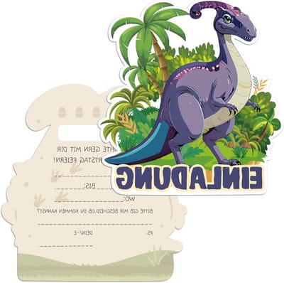 Verjaardagsuitnodigingen voor Kinderen - 12 Stuks - Feestuitnodigingen voor Jongens en Meisjes met Dinosaurusthema - Prachtige Paars Design