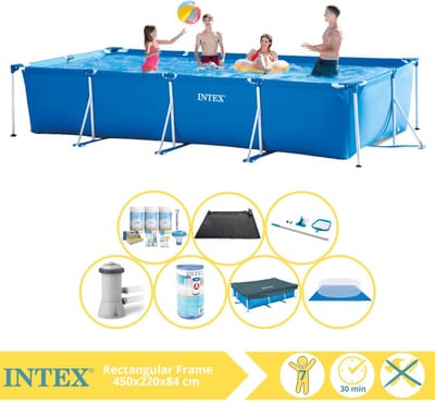 Intex Rechthoekig Frame Zwembad - 450 x 220 x 84 cm - Blauw - Inclusief Afdekzeil - Onderhoudspakket - Zwembadfilterpomp - Filter - Grondzeil - Schoonmaakset - Solar Mat - 8-delig