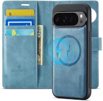 Casemania Hoesje Geschikt voor Google Pixel 10 - Aqua Blue - 2 in 1 Magnetische Book Case met Uitneembare Back Cover - Geschikt voor Qi2 en MagSafe - Telefoonhoesje met Pasjeshouder - Licht Blauw