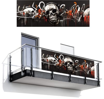 Balkonscherm 300x110 cm - Balkonposter Schedels - Kunst - Donker - Rood - Balkon scherm decoratie - Balkonschermen - Balkondoek zonnescherm