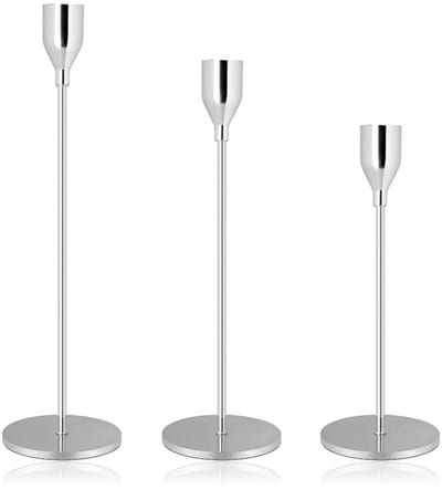 Zilveren Kandelaar Set van 3 – Metalen Kaarsenhouder voor Dinerkaarsen 1,9 cm – Decoratieve Kaarsenstandaard voor Woondecoratie, Bruiloft, Diner en Feest