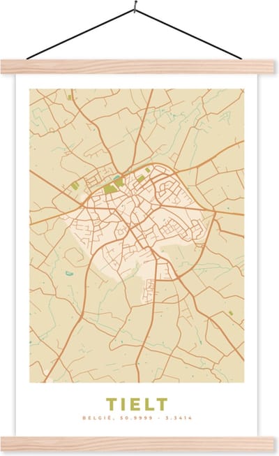 Posterhanger incl. Poster 40x60 cm - Schoolplaat - Tielt - Kaart - Plattegrond - België - Stadskaart - Textielposter - Blanke latten - Stadskaart