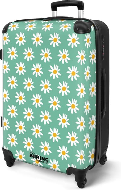 NoBoringSuitcases.com® - Koffer groot - Groen met witte madeliefjes - Rolkoffer lichtgewicht - Reiskoffer met 4 wielen - Vakantie bagagekoffer vrouwen - Grote valies trolley XL - 20 kg bagage
