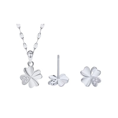 ASTRADAVI S925 Sterling Zilver - Sieraden Geschenkset - Hanger Ketting Zirkonia Klavertje Vier - met Bijpassende Oorbellen - Zilver