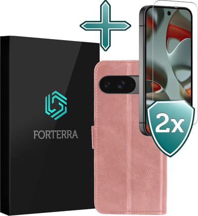 Hoesje Met 2x Screenprotector - Geschikt voor Google Pixel 10 - Luxe Pasjeshouder - Flip Case - Bookcase Portemonee - Kunstleer Book Case - Flipcase Hoes - Book Cover - Walletcase - Portemonneehoes - Rosé goud