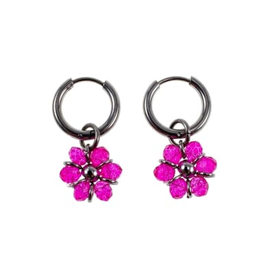 ∅14mm x 2mm Oorringen Dames - Gepolijst RVS - Fuchsia Gefacetteerde Kristallen Bloem Hanger - Bungelende Oorbellen