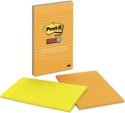 Extra Sterke Sticky Notes, Gelijnd, Groot Formaat (127 x 203 mm), 4 Stuks, Assorti Kleuren