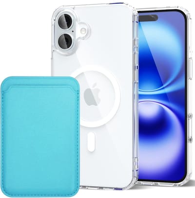 Shockproof Anti Shock Back Cover Hoesje Compatibel met MagSafe Geschikt voor: Apple iPhone 16 met Magnetische Pasjeshouder - Lichtblauw