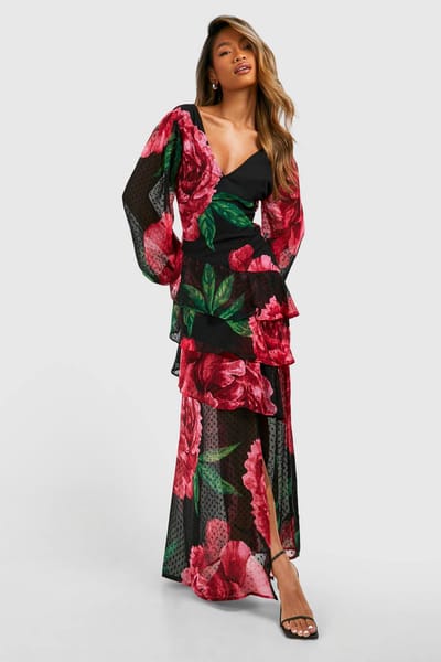 boohoo Dames Bloemen Dobby Bloemenfranje Maxi-jurk | Zwart | Maat: 36