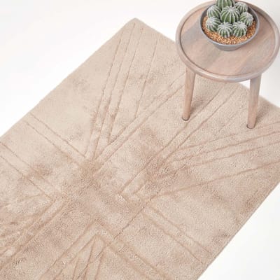 Homescapes 100% katoenen vloerkleed Union Jack effen reliëf mat beige, 90x150 cm