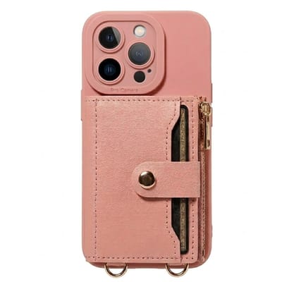 Roze telefoon hoesje met portemonnee en rits geschikt voor iPhone 14 Pro – kunstleer beschermende wallet case voor dames en heren met pasjeshouder, druksluiting, draagkoord bevestiging en standaard functie