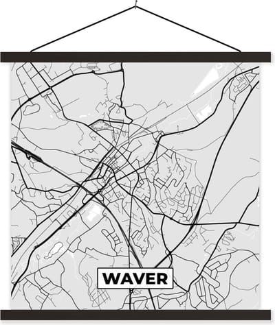 Posterhanger incl. Poster 60x60 cm - Schoolplaat - Kaart – Plattegrond – Stadskaart – Waver – België – Zwart Wit - Textielposter - Zwarte latten - Stadskaart