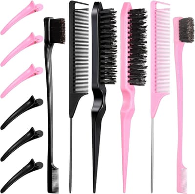 12-Delige Set Styling Tools: Vlechtborstels, Rattenstaartkammen en Eendenbekclips voor Fijn Haarwerk