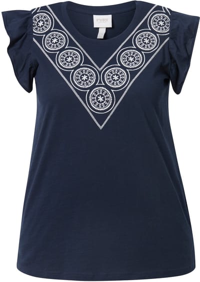 Ulla Popken - Dames - T-shirt borduursel ronde hals korte mouw biologisch katoen - Marine - Maat 42+