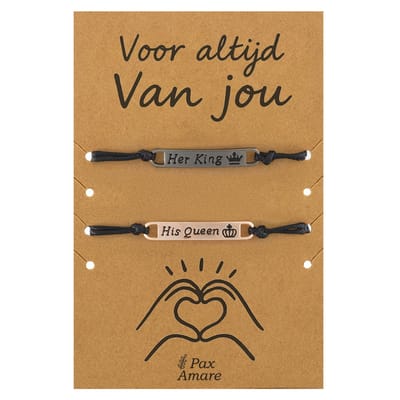Koppel Armbandjes voor 2 "Voor altijd van Jou" - His Queen Her King - Vriendschapsarmbandjes met Valentijn Cadeau Kaartje - Rosé Goud & Zwart - Elastisch Verstelbaar - Pax Amare