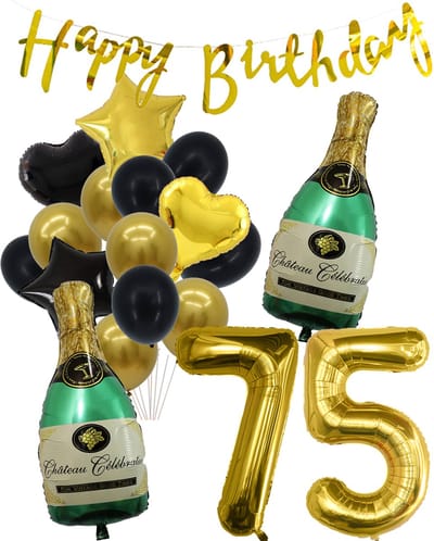 75 Jaar Verjaardag Cijferballon 75 - Feestpakket Snoes Ballonnen Pop The Bottles - Zwart Goud Groen Versiering