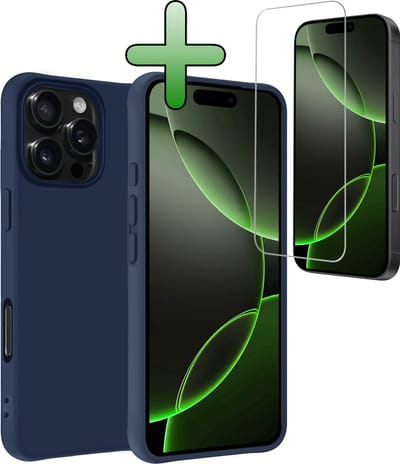 Hoesje Met Screenprotector - Geschikt voor Apple iPhone 16 Pro - Sterk & Shockproof - Back Cover - Siliconen Case - Telefoon Hoes - Donkerblauw