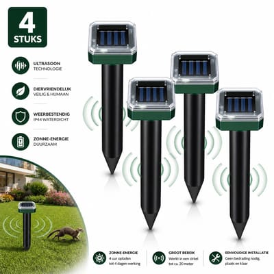 Dutchers® Solar Muisverjager 4-Pack – Ultrasone Dierenverjager voor Tuin & Gazon – Tegen Veldmuizen, Mollen & Ongedierte – Waterbestendig – Op Zonne-energie