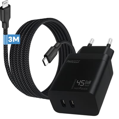 Phreeze usb C oplader geschikt voor iPhone 14 13 12 11 X XR XS Max Pro Mini Plus en iPad met Lightning kabel 3 meter - Power Delivery snellader met 2 poorten