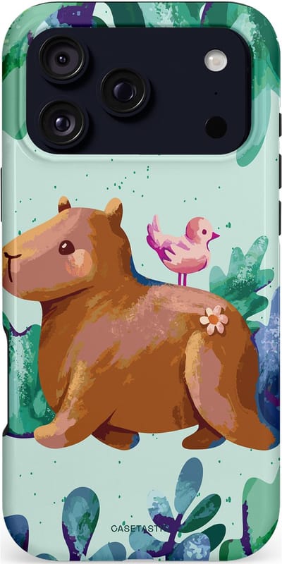 Casetastic hoesje geschikt voor Apple iPhone 17 Pro Max - MagSafe - Dubbellaagse bescherming - Capibara Vogeltjes Vriend - Fashion Case - Lichtgrijs Petrol Mintgroen Bruin