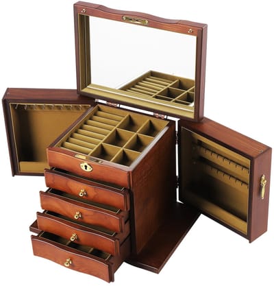 JAQZY Sieradendoos - Opbergruimte - 5 Laags - 4 Lades - Zachte Binnen Voering - Ingebouwde Spiegel - Met Sleutel - Elegant Design