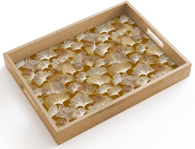 Dienblad hout 40x30 cm - Schootdienblad - Ginkgo - Bladeren - Goud - Borrelplank rechthoek - Plateau dienbladen