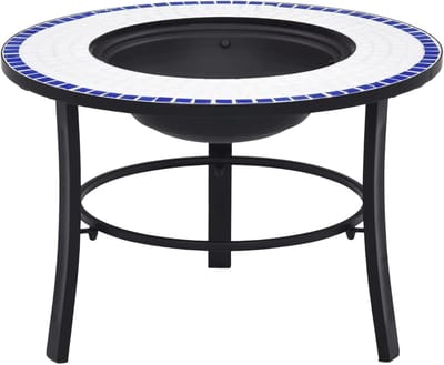 Mozaïek Vuurplaats - Buitenhaard Terras - Warme Avonden - Keramiek Decoratie - 68 cm Diameter - Blauw Wit