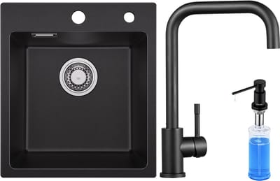 SOFETIY MAX Spoelbak Keuken Zwart 40x45CM - Graniet Spoelbakken Zwart - Enkele Spoelbak Met Keukenkraan en Zeepdispenser 300ML - Spoelbakken Incl. Sifon en Afvoerzeefje