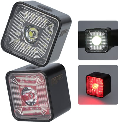 LED fietslampen - Fietslichten - Voor- en achterlicht fiets - Zeer compacte fietslampjes - Met rubberen riemen voor bevestiging - Verschillende standen - Micro USB oplaadbaar - Zwart