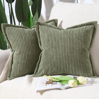 Famanu - Corduroy boho kussenhoezen 50x50 cm olijfgroen set 2, franje rand, zacht decoratief voor bank slaapkamer