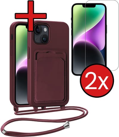 Hoesje Geschikt voor iPhone 13 Hoesje Met Telefoonkoord en Pasjeshouder Met 2x Screenprotector Siliconen - Hoes Geschikt voor iPhone 13 Hoesje Met Kaarthouder Case - Aubergine