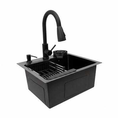 NordHaus Multifunctionele Keukenspoelbak 45x40 cm Zwart - RVS Enkele Spoelbak met Uittrekbare Kraan, Bekerreiniger, Zeepdispenser en Afdruipmand