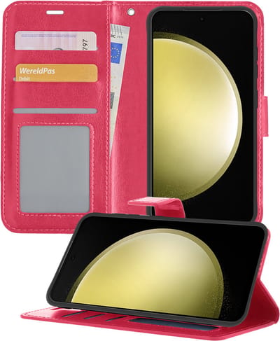 Hoesje - Met Pasjeshouder - Geschikt voor Samsung Galaxy S23 FE - Luxe Bookcase Portemonee - Flip Case - Kunstleer Book Case - Flipcase - Book Cover - Walletcase - Portemonneehoes - Telefoonhoesjes - Donkerroze