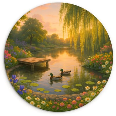 WallCircle® Wandcirkel 120x120 cm - Muurcirkel Eenden - Vijver - Bloemen - Muurdecoratie woonkamer - Wanddecoratie slaapkamer - Kamer decoratie accessoires - Ronde schilderijen XXL
