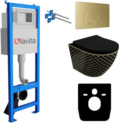 LAVITA LAV 101 SOFI BLACK - Inbouwreservoir 40cm - Gouden Drukplaat 200.4.5 - Mat Zwart Hangtoilet - Randloos - Set