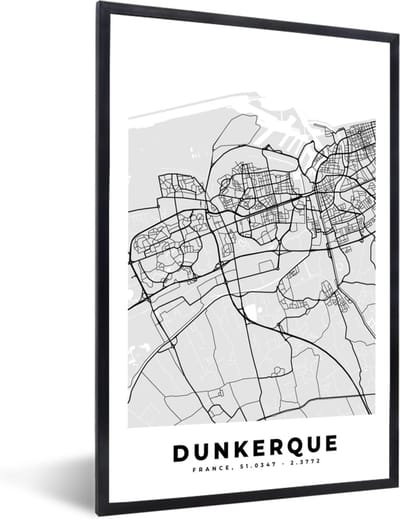 Fotolijst incl. Poster - Kaart - Stadskaart - Dunkerque - Plattegrond - Frankrijk - 40x60 cm - Posterlijst