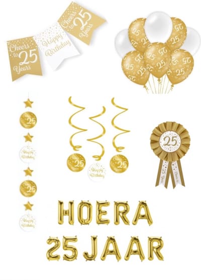 25 jaar verjaardag versiering pakket - goud wit - ballon - vlag – paperdreams