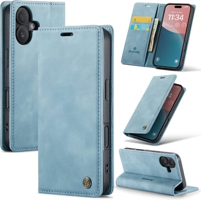 Casemania Hoesje Geschikt voor Apple iPhone 16 - Aqua Blue - Dunne Portemonnee Book Case - Slim Wallet Case met Pasjeshouder