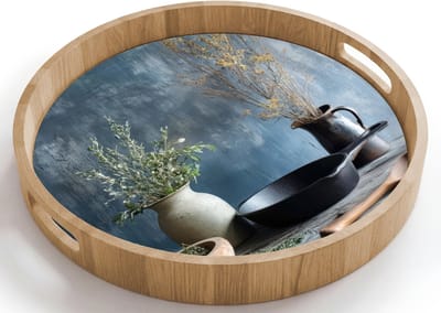 Dienblad rond 40x40 cm - Schootdienblad hout - Pan - Kruiden - Schilderachtig - Borrelplank rechthoek - Plateau houten dienbladen